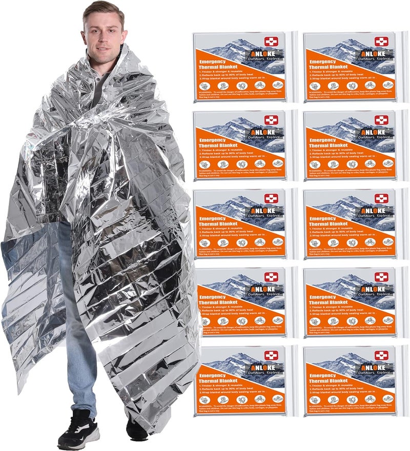 ANLOKE Emergency Blankets Mylar Thermal Blanket,(10 Pack) of Gigantic Space Blanket 82 * 64 in. Survival Blankets Heavy Duty Camping Gear,First Aid - Image 1